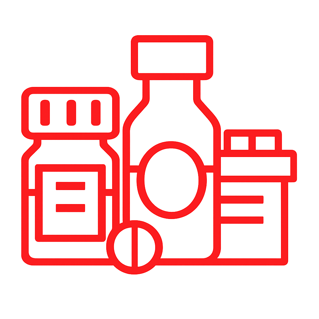 Red-glow outline of laboratory equipment: bottles, flask, and containers, forming a stylized science lab icon.