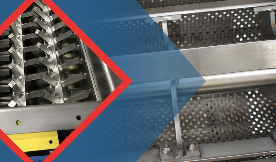 Close-up of industrial metal machinery featuring perforated panels and a yellow component visible below.