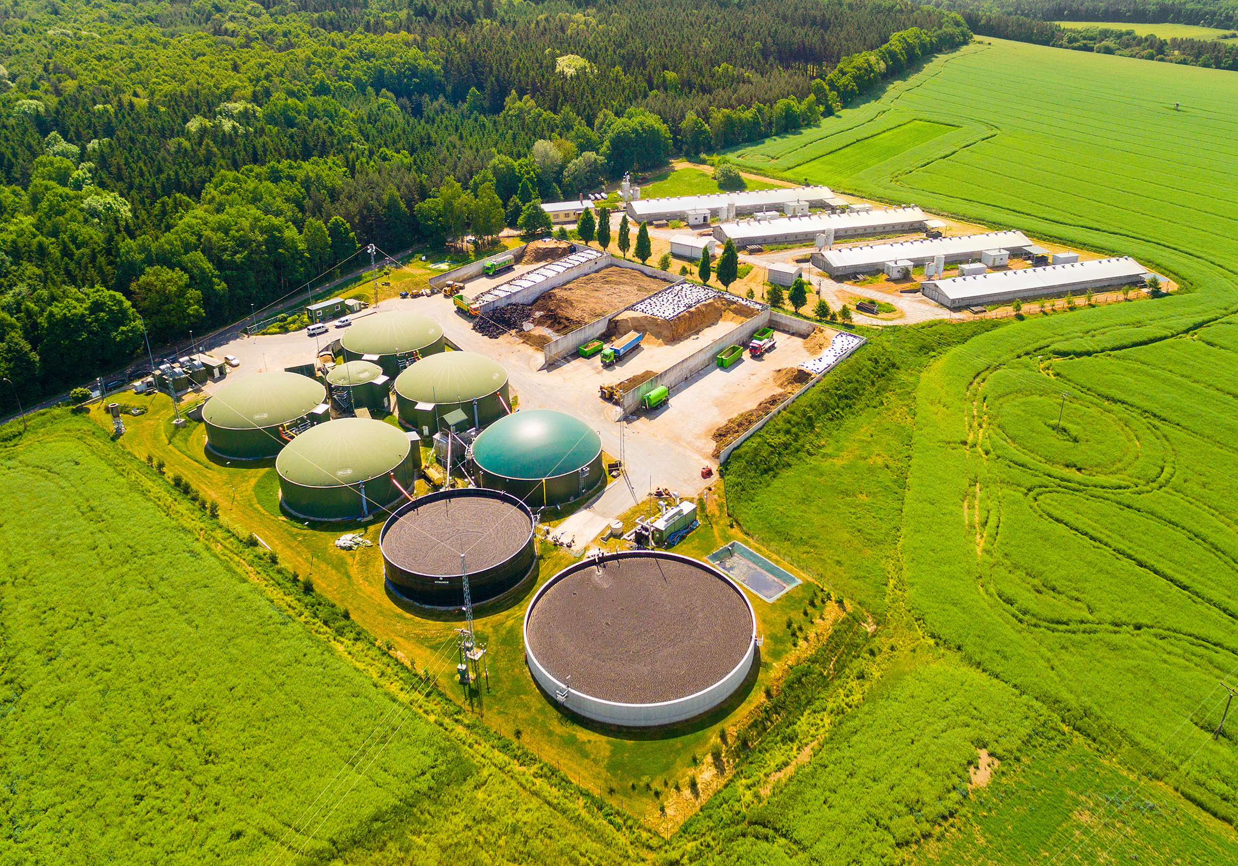 An aerial image of a biomass plant.