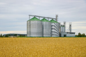 Group of grain dryers complex on the background of a yellow field of wheat or barley